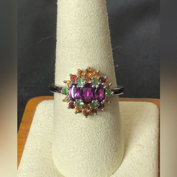 Sterling Silver Amethyst, Garnet, Peridot, Citrine Vintage Gemstone Ring Sz 10 - Picture 17 of 17